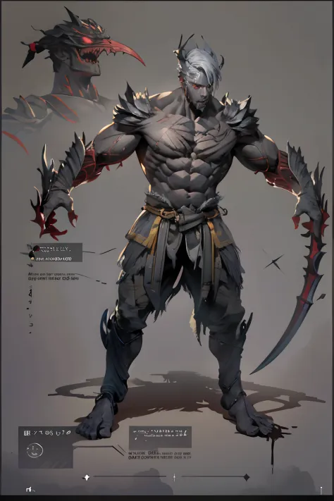 Game character standing drawing design，Hell creatures，short，Strong limbs，Muscle explosions，Covered with scales and barbs，cunning，shadowy，uncanny，terroral，scythe，Fighting posture，（full bodyesbian：1.4），with black background，clean backdrop，depth of fields，hig...