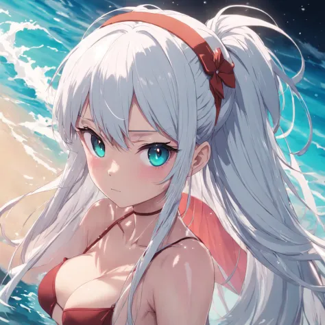 White hair, Earphone, red hairband, Gradient eyes, anime big breast, god light, angle of view, hyper HD, Super detail, High details, High quality，swim wears