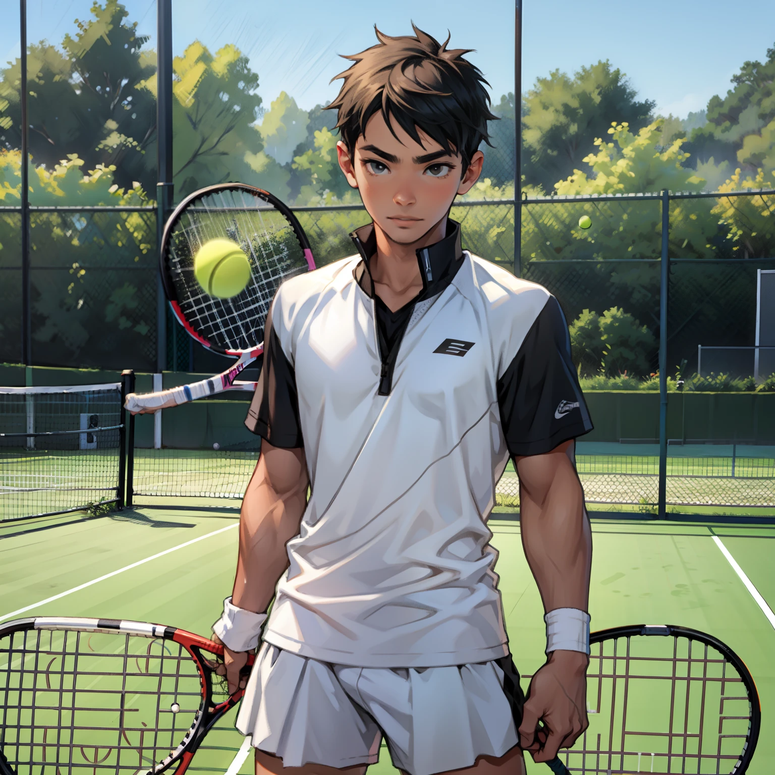 Anime tennis player with racket and ball on court in front of fence -  SeaArt AI