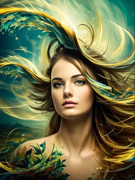 (masterpiece, best quality:1.5),fractal art, Beautiful girl about to be blown away by the wind, tornado