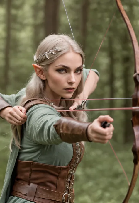 female elven warrior shooting a bow, Deep Forest, blowing in the wind, (Highest Quality), Delicate and beautiful details,
