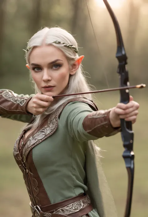 female elven warrior shooting a bow, Deep Forest, blowing in the wind, (Highest Quality), Delicate and beautiful details,