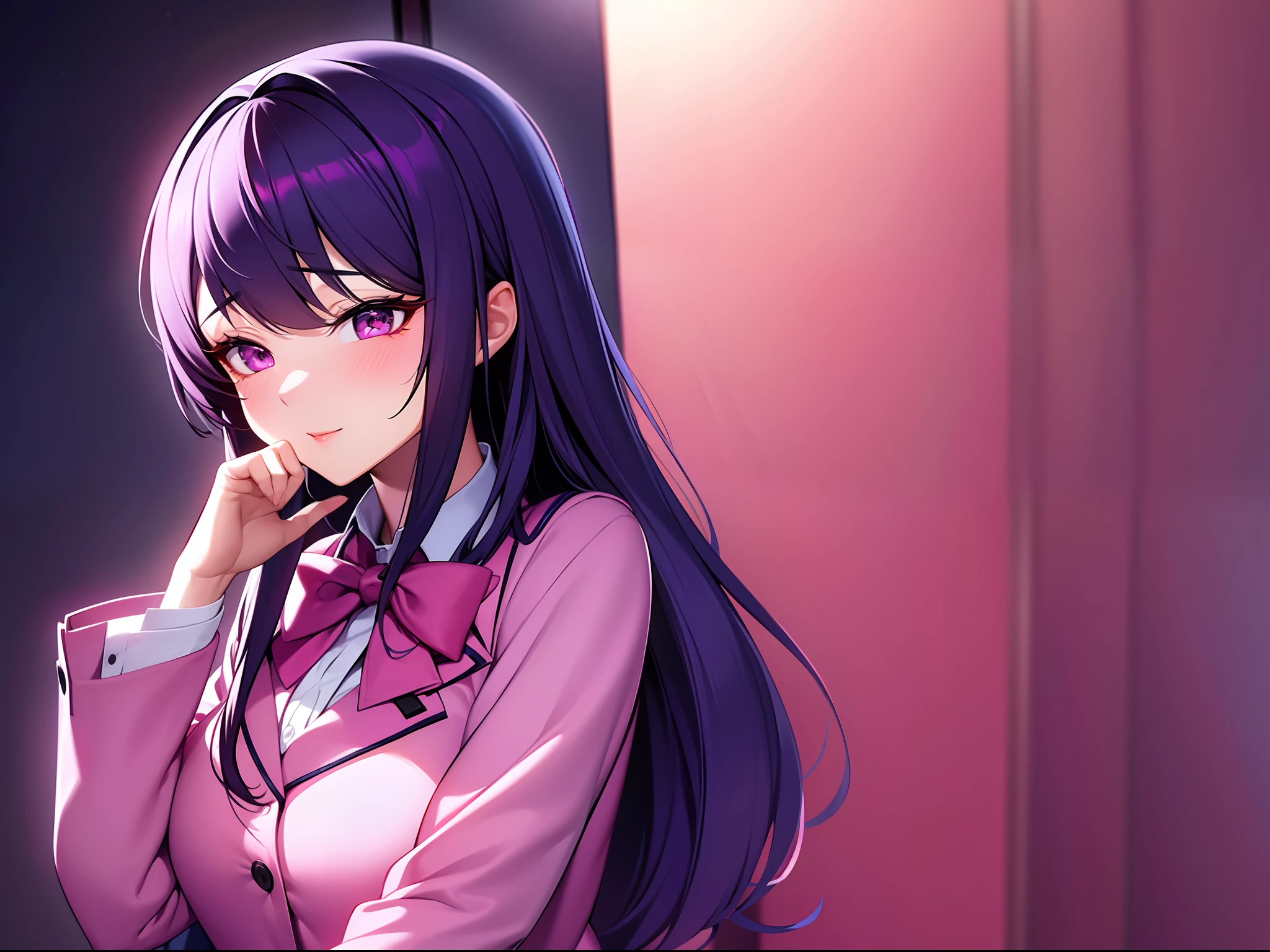 Anime girl with long purple hair and a pink shirt - SeaArt AI