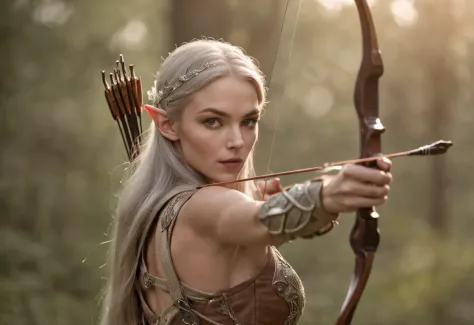Female elven warrior shooting a bow, deep forest, blowing in the wind, (Highest Quality), Delicate and beautiful details,