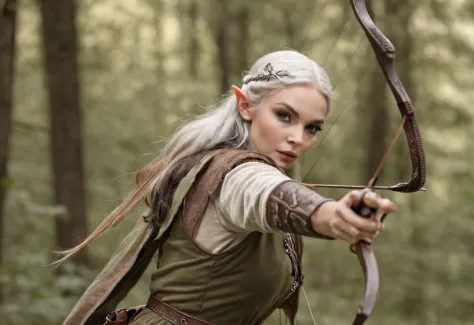 Female elven warrior shooting a bow, deep forest, blowing in the wind, (Highest Quality), Delicate and beautiful details,
