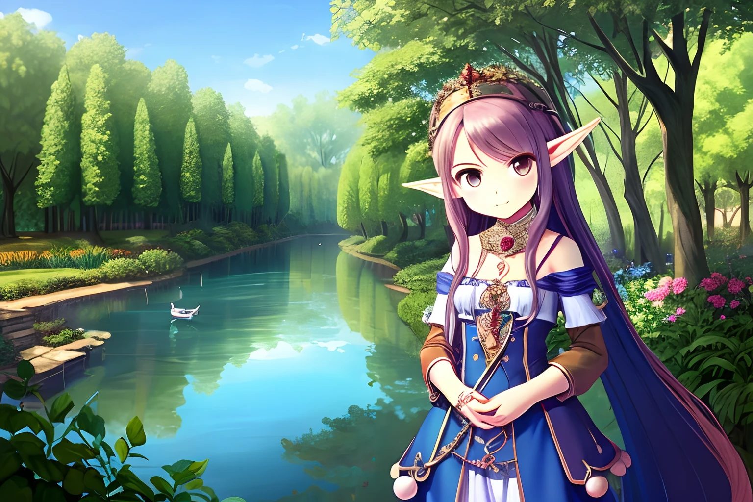 Beautiful charming elf girl in front, Elf Garden, Magic Lake, Brown air, 18th century, fantasy, Cinematic