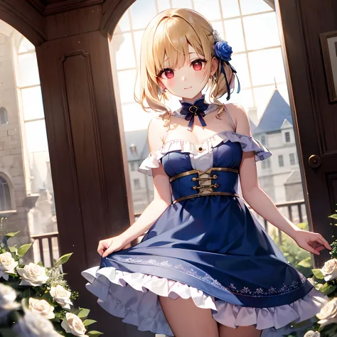 a blond、red eyes、Beautiful girl alone、Blue fluffy dress、off shoulders、Western-style castle、white roses