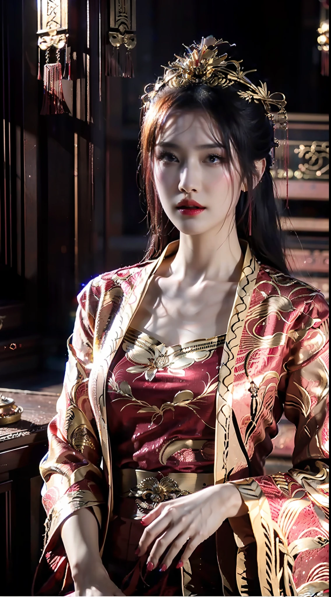 La mariée chinoise traverse l&#39;auditorium portant une couronne de phénix et une robe de mariée dorée et rouge。Utilisez les outils de pinceau avancés de Midjourney、Palettes de couleurs et packs de textures，Pour sa peau、Les vêtements reçoivent des textures complexes，Réalisme ajouté，Et ajoutez des éléments de mariage chinois à la scène，Ajoutez encore plus de réalisme，La scène entière est remplie d&#39;un bonheur onirique comme une scène festive traditionnelle。Grâce aux outils puissants de Midjourney，Nous l&#39;abordons avec des détails incroyables，Donnez vie à cette scène magnifique et rêveuse。Toute l’illustration est pleine de réalisme et de choc，C’est un travail de qualité chef-d’œuvre et de la meilleure texture。Grand grand angle，Objectif ultra-télescopique， HDR，（Le réalisme，qualité de chef-d&#39;œuvre，meilleure qualité），