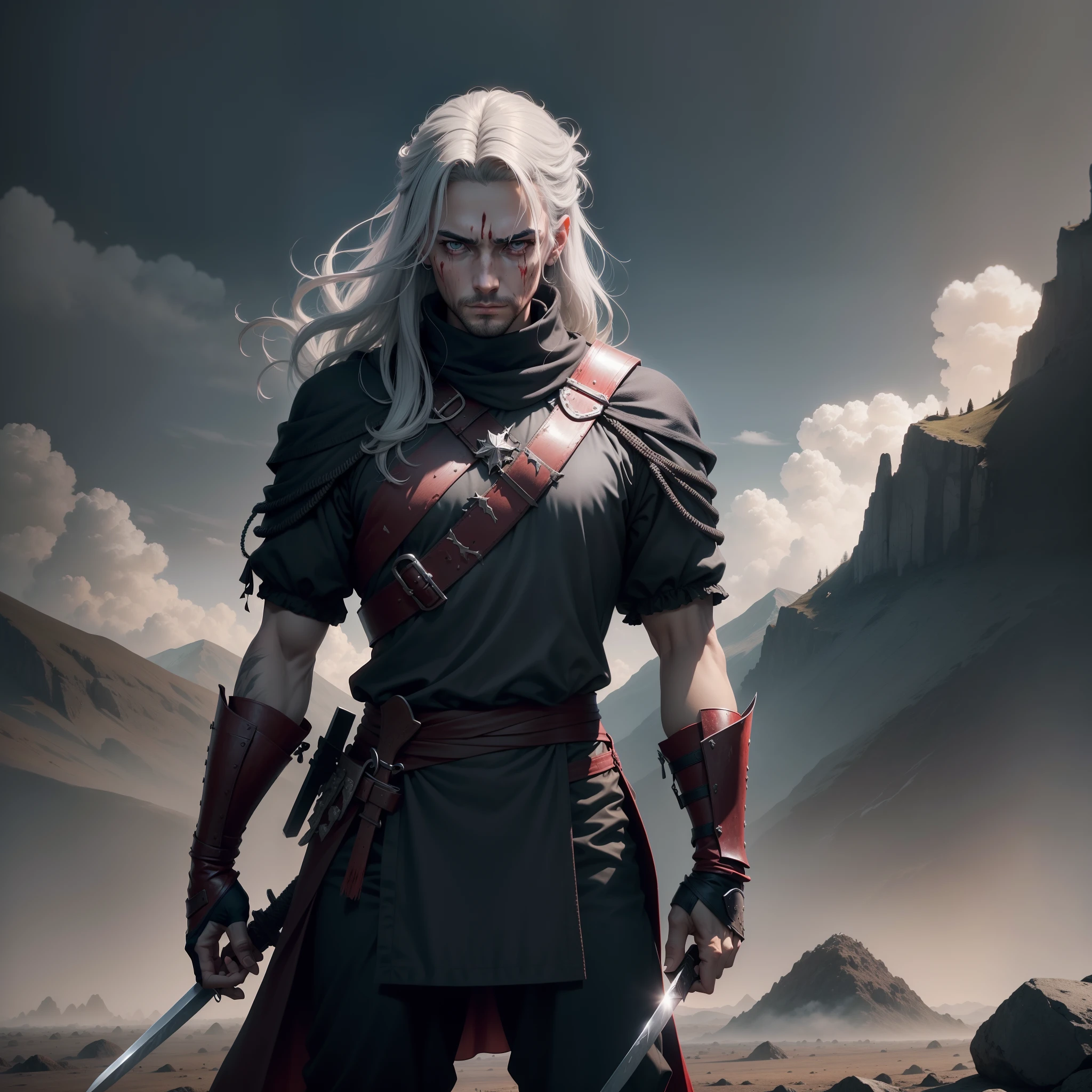 1 male，The background is the corpse mountain and the blood sea long sword inserted into the corpse，The man's gray hair was stained with a little blood，There were also a lot of splashes on the face，The right hand holds a sword，Standing in the middle of the battlefield with a little tiredness，The sky is slightly gray