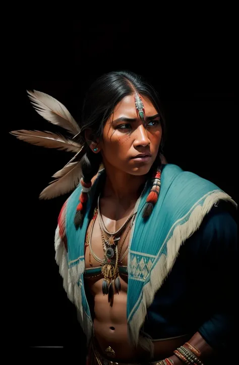 Create the image of the dramatic lighting of the American Indians ...