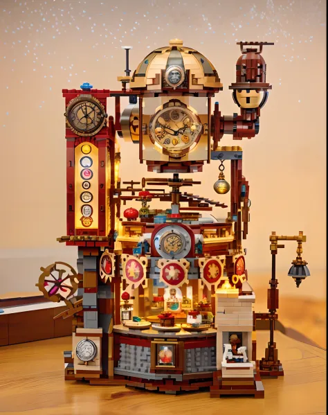 Lego brick scene，There are clocks and clocks on the table, clockwork automaton, Inside an old magical dessert shop, magic and steam - punk inspired, giant imposing steampunk tower, orrery, intricate highly detailed 8 k, LED horizon zero twilight, steampunk...