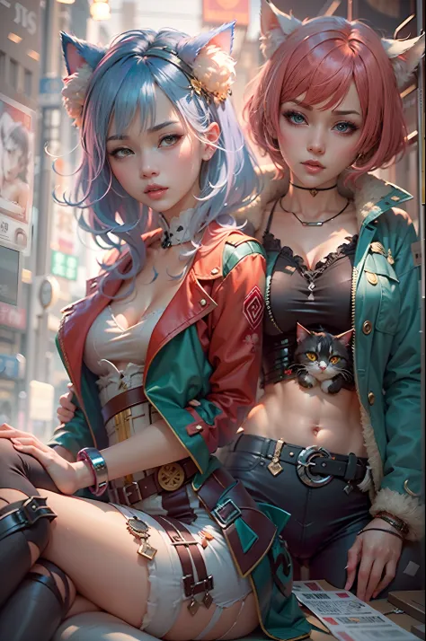 anime - style image of two women with pink and blue hair smal booty dressed in red and blue corset,  pose in Akihabara for a fot...