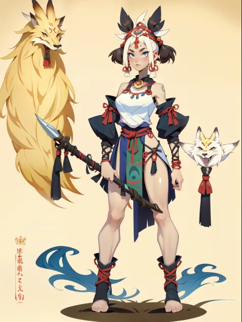 1girll，独奏，full bodyesbian，european and american cartoon design，primitive tribal elements，standing on your feet，holding a weapon，...