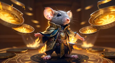 Cute rat, Mage image, standing on your feet, Two-handed flaming electric light, flying bitcoin gold coin figurine Wearing gold and black armor, Fur fantasy art, high detail , cinematic light, god ray, UHD, high resolution