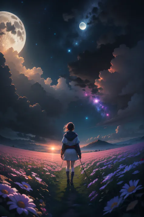 a wide landscape photo, (viewed from below, the sky is above, and the open field is below), a girl standing on a flower field lo...