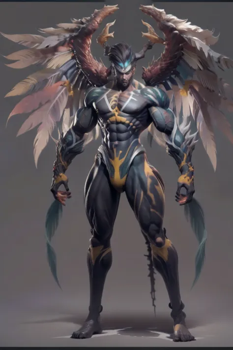 Game character standing drawing design，Creatures of Paradise，Strong limbs，Muscle explosions，massive wings，feater，and the sun was shining brightly，Be positive，Huge broadsword，Fighting posture，（full bodyesbian：1.4），with black background，clean backdrop，depth ...