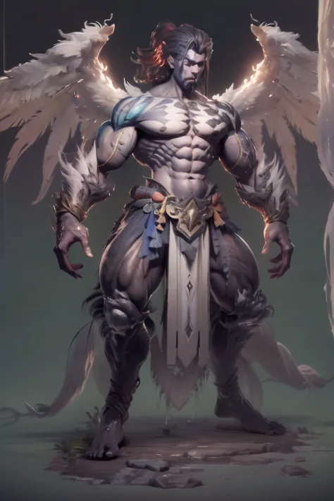 Game character standing drawing design，Creatures of Paradise，Strong limbs，Muscle explosions，massive wings，feater，and the sun was shining brightly，Be positive，Huge broadsword，Fighting posture，（full bodyesbian：1.4），with black background，clean backdrop，depth ...