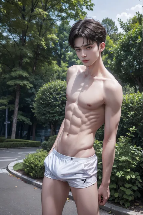 Russian male, Skinny, 20 yrs, Shirtless, White Underware, Sexy pose, erotic, in the street, public park, DSLR, professional photo, 4k