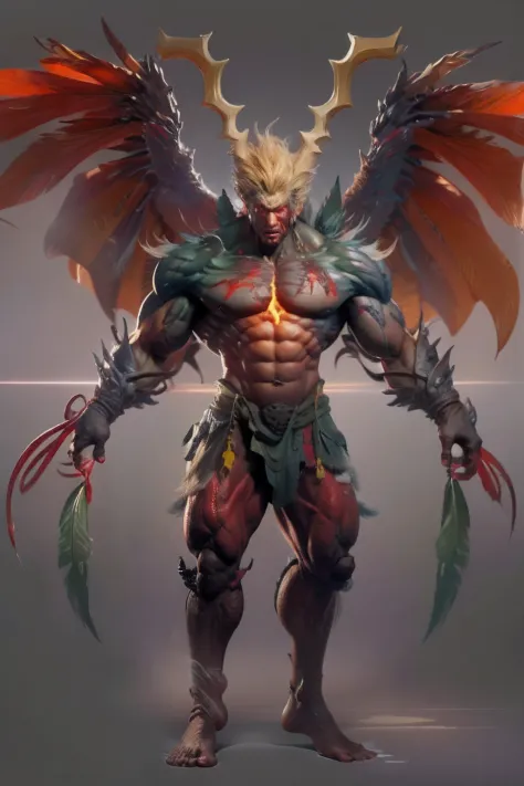 Game character standing drawing design，blood-red，Creatures of Paradise，Strong limbs，Muscle explosions，massive wings，feater，and the sun was shining brightly，Be positive，Huge broadsword，Fighting posture，（full bodyesbian：1.4），with black background，clean backd...