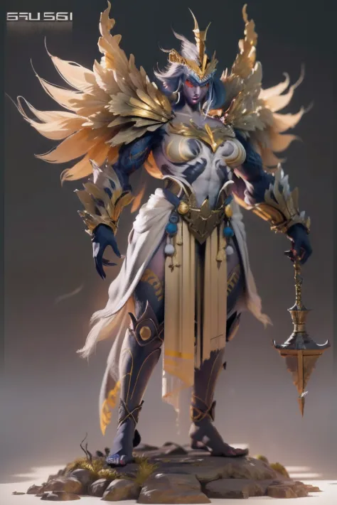 Game character standing drawing design，golden armour，gold，Creatures of Paradise，Strong limbs，massive wings，feater，and the sun was shining brightly，Be positive，Huge broadsword，Fighting posture，（full bodyesbian：1.4），with black background，clean backdrop，depth...