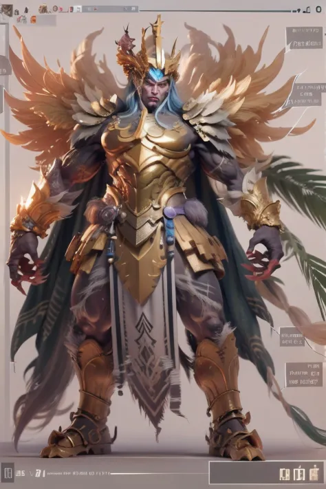 Game character standing drawing design，golden armour，gold，Creatures of Paradise，Strong limbs，massive wings，feater，and the sun was shining brightly，Be positive，Huge broadsword，Fighting posture，（full bodyesbian：1.4），with black background，clean backdrop，depth...