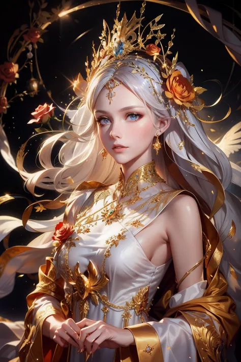 a woman in a white and gold dress，phoenix crown，the lighting is subdued，rose flower background，soft light crystal fantasy