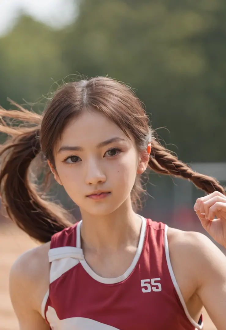 Japan Female Junior High School Students、Sandpit of the athletics stadium、Long jump、Athletics Uniforms、Very thin、Flying state