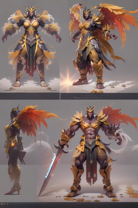 Game character standing drawing design，golden armour，blood-red，Creatures of Paradise，Strong limbs，massive wings，feater，and the sun was shining brightly，Be positive，Huge broadsword，Fighting posture，（full bodyesbian：1.4），with black background，clean backdrop，...
