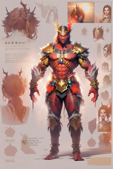 Game character standing drawing design，golden armour，blood-red，Creatures of Paradise，Strong limbs，massive wings，feater，and the sun was shining brightly，Be positive，Huge broadsword，Fighting posture，（full bodyesbian：1.4），with black background，clean backdrop，...