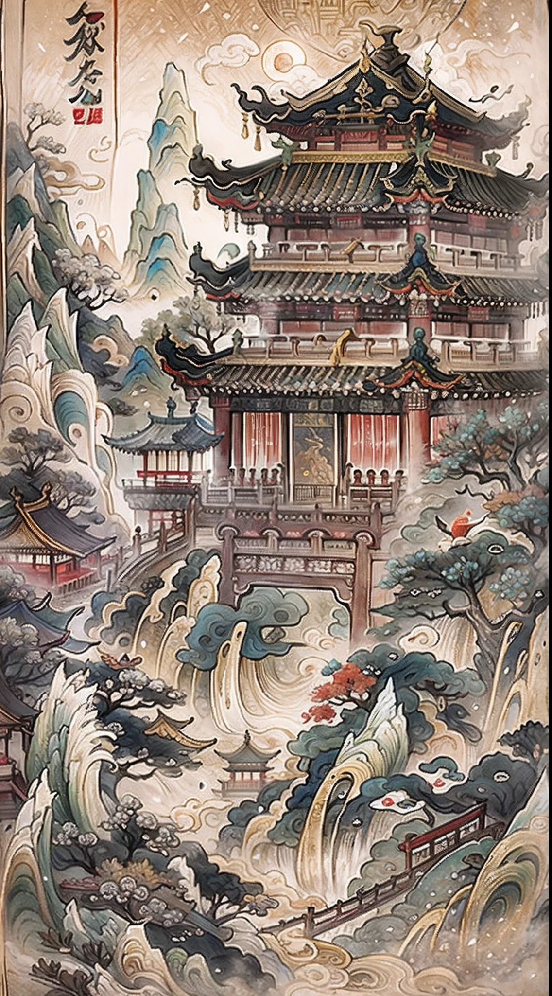 An ancient Chinese painting， ancient chinese background， mountain ranges， rios， Auspicious clouds， Pavilions， Huge Full Moon， tmasterpiece， super detailing， Epic composition， hyper HD， high qulity， extremely detaile， offcial art， 统一 8k 壁纸， super detailing， 32k -- v 6