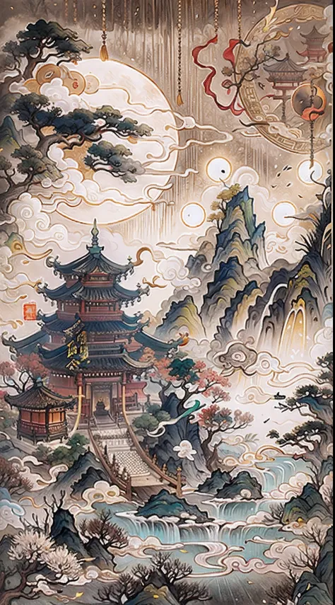 An ancient Chinese painting， ancient chinese background， mountain ranges， rios， Auspicious clouds， Pavilions， Huge Full Moon， tmasterpiece， super detailing， Epic composition， hyper HD， high qulity， extremely detaile， offcial art， 统一 8k 壁纸， super detailing，...