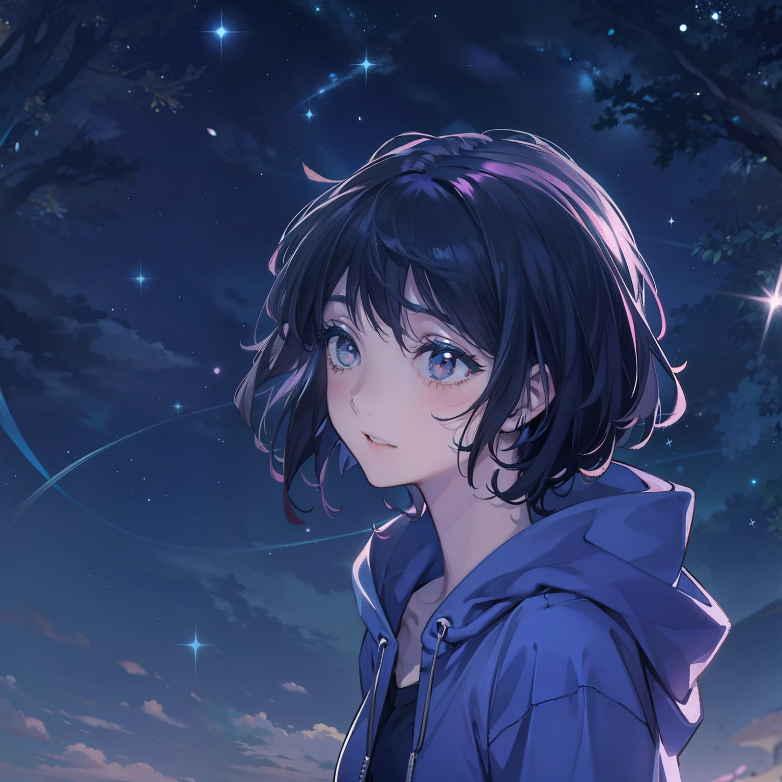 teens girl，Blue clothes，Black eyes，with short black hair，Stand under the stars