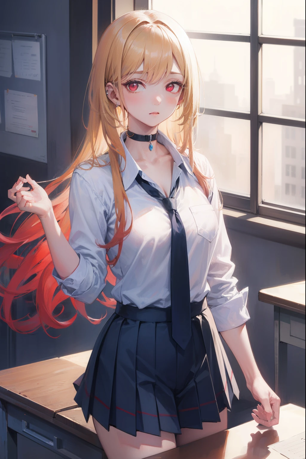 marinkitagawa, marin kitagawa, blonde hair, choker, ear piercing, earrings, long hair, piercing, (red eyes:1.5), straight hair, swept bangs,
BREAK black necktie, long sleeves, pleated skirt, school uniform, shirt, skirt, sleeves rolled up, white shirt, cleavage,
BREAK indoors, classroom,
BREAK looking at viewer, BREAK (masterpiece:1.2), best quality, high resolution, unity 8k wallpaper, (illustration:0.8), (beautiful detailed eyes:1.6), extremely detailed face, perfect lighting, extremely detailed CG, (perfect hands, perfect anatomy),