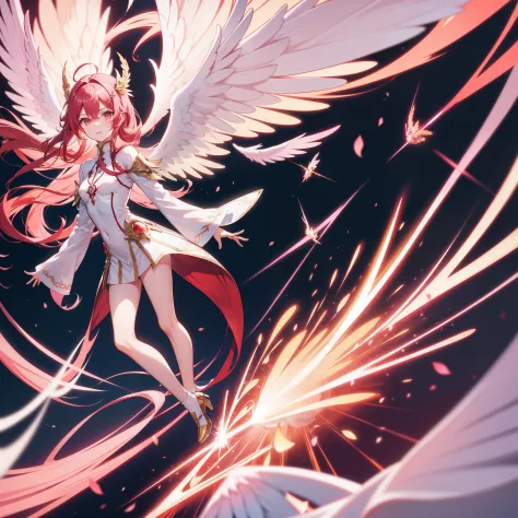 Six-winged Blazing Archangel，Pink Long Hair，red color eyes，校服，Fly in mid-air，A light blooms behind him，Radiant，calm expression