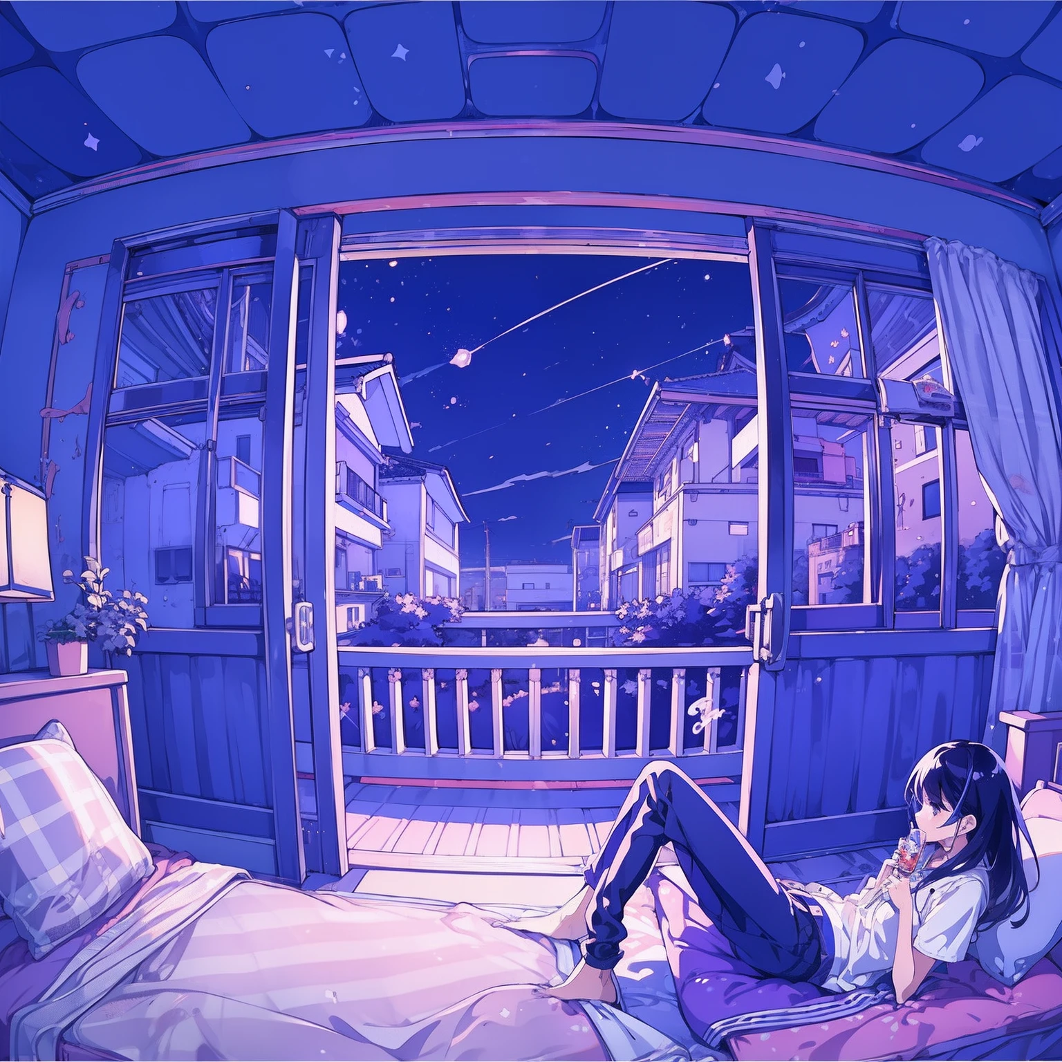 (Meisterwerk)、(Top Qualität)、Mädchen mit、Musik hören auf der Veranda der Wohnung Nachthimmel außerhalb Japans、Der Regen、Anime-Cartoon-Stil、 Von Shinkai Makoto