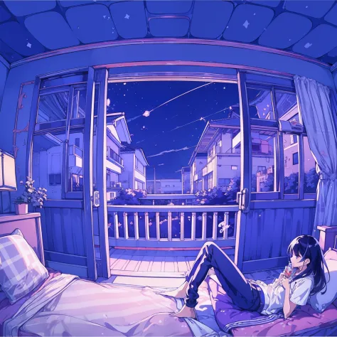 (​masterpiece)、(top-quality)、girl with、Listening to music on the veranda of the apartment Night sky outside Japan、Sateen、Anime c...