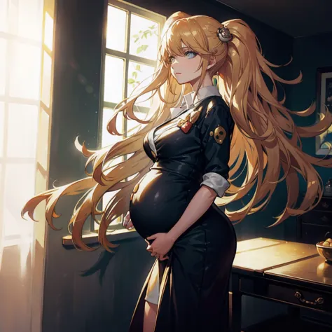 A pregnant woman，Golden hair，Wear maternity clothing，Makoto Shinkai painting style，Next to him stood a man