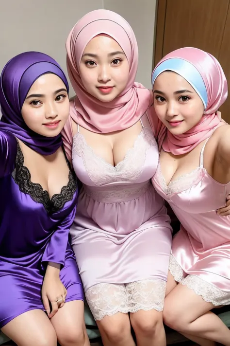 Realistic, 3 malay girls, hijab, face enhancement, face extra large zoom, selfie, look up, stare at me, cleavage emphasis, smile, sit on bed, wear pastel color Lace Satin Cami Night Dress,