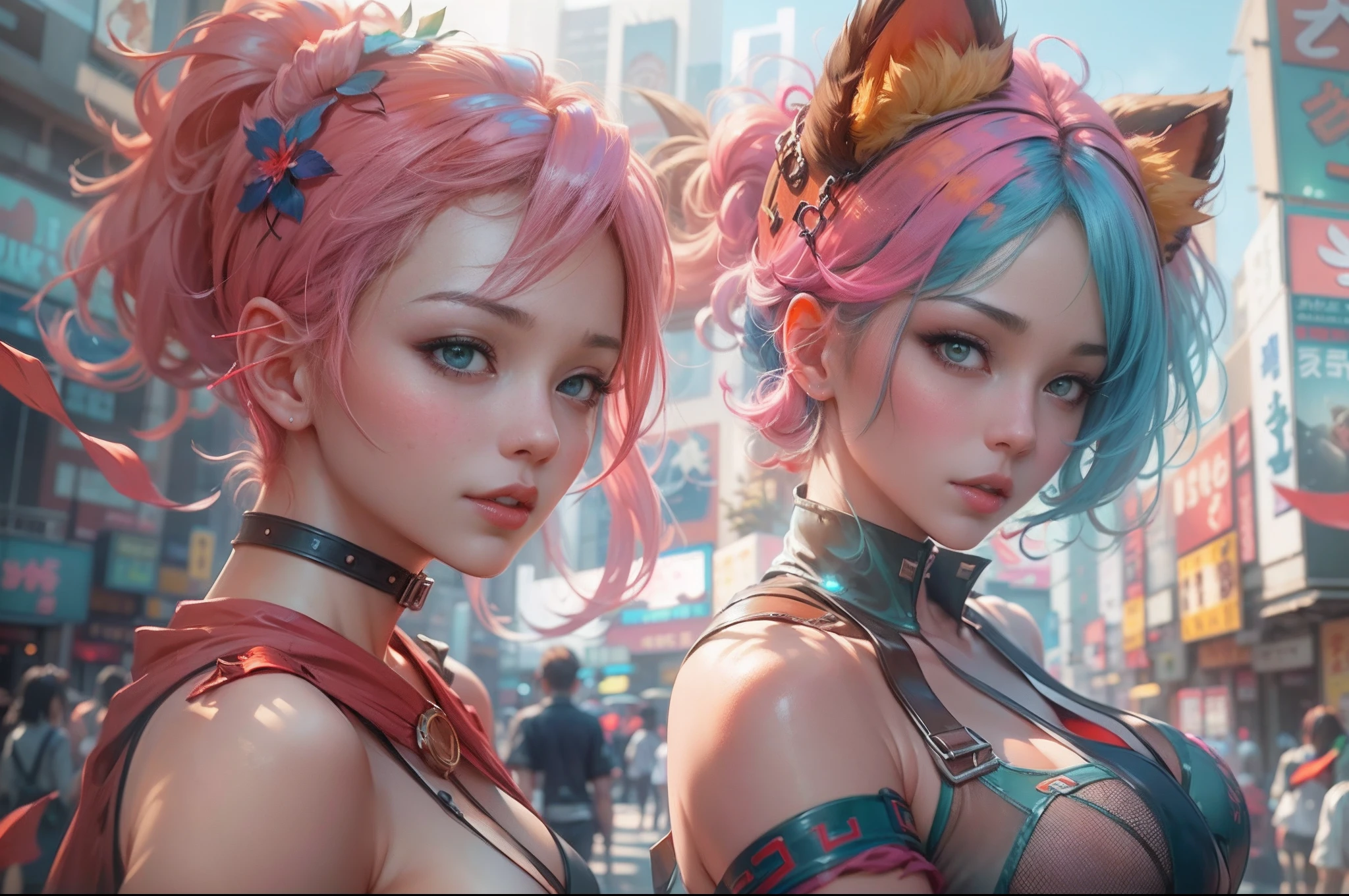 anime - image de style de deux femmes aux cheveux roses et bleus vêtues d&#39;un corset rouge et bleu, posant à Akihabara pour une séance photo, Capturé depuis la vue du ver, Distance de 4 mètres par rapport au spectateur, wlop et sakimichan, jolie fille chat, oeuvre d&#39;art dans le style de guweiz, style artistique fantastique, 2. Oeuvre fantastique d&#39;anime CGI 5 D, fanart meilleure station d&#39;art, par Yang J., tendance sur cgstation, Wlop et Ross Tran, guweiz