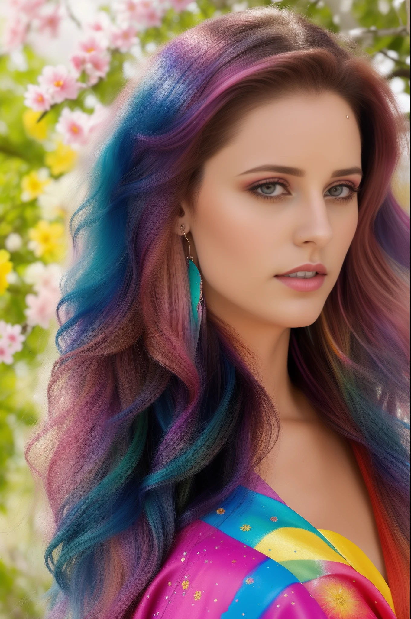 A woman with long hair and colorful hair posing for a picture - SeaArt AI