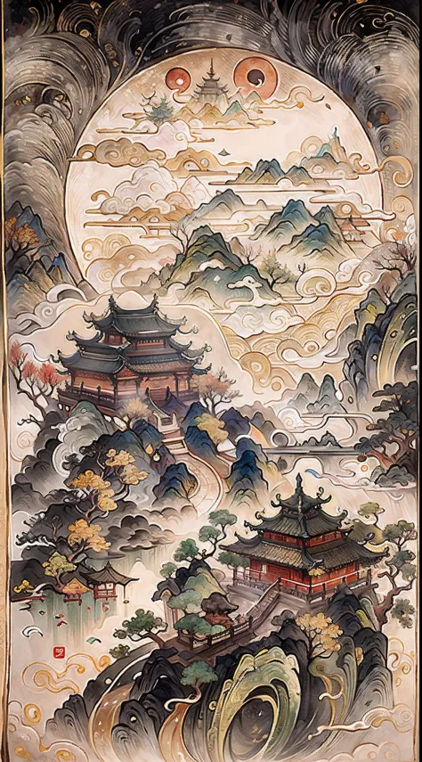 An ancient Chinese painting， ancient chinese background， mountain ranges， rios， Auspicious clouds， Pavilions， Huge Full Moon， tmasterpiece， super detailing， Epic composition， hyper HD， high qulity， extremely detaile， offcial art， 统一 8k 壁纸， super detailing，...
