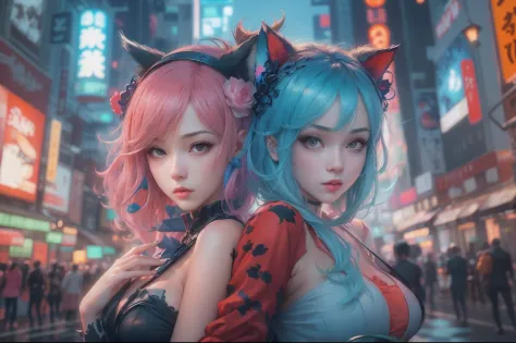 anime - style image of two women with pink and blue hair dressed in red and blue corset, posing in Akihabara for a foto shooting...