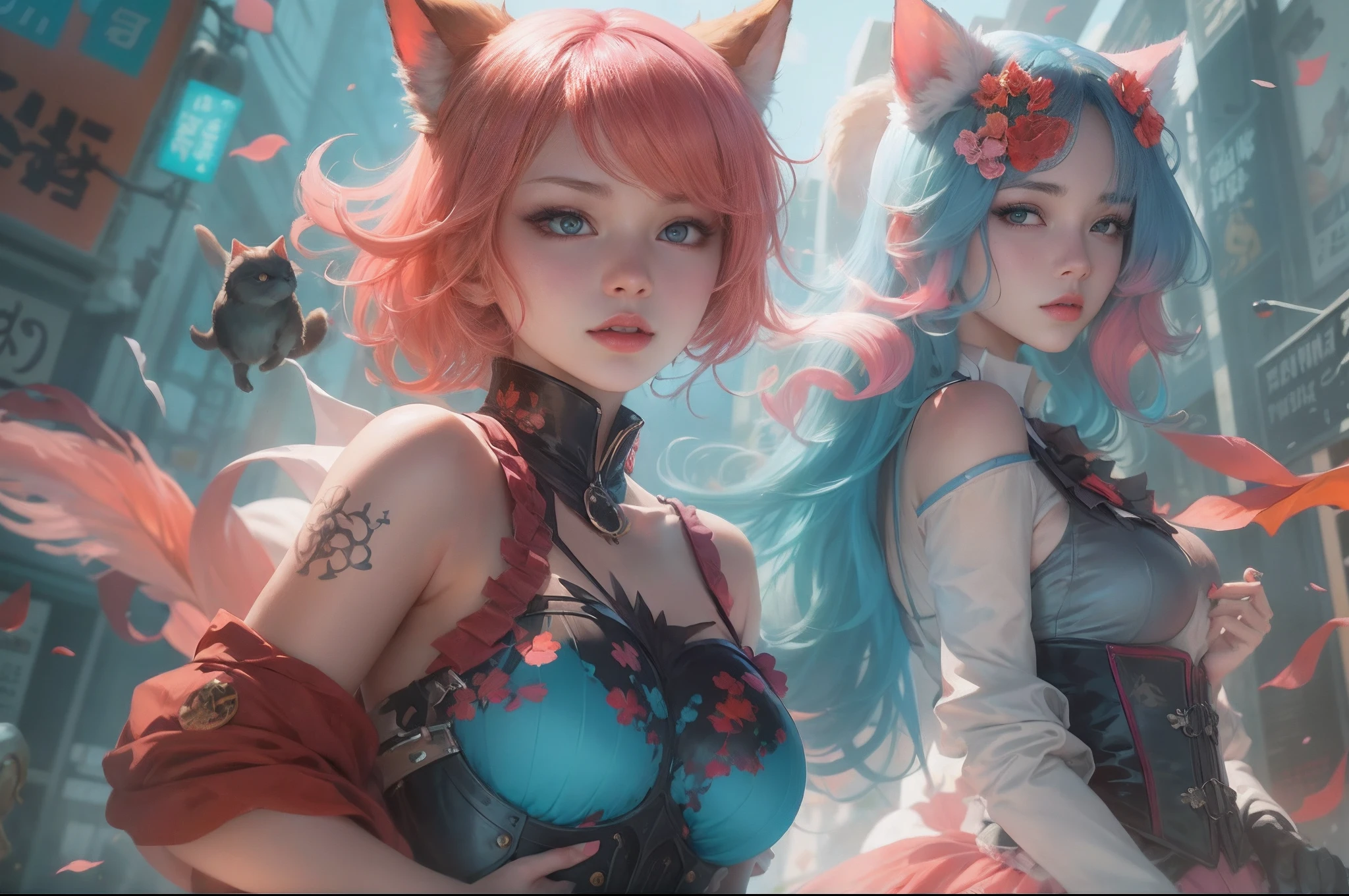 anime - style image of two women with pink and blue hair dressed in red and blue corset, posing in Akihabara for a foto shooting, Captured from worm's eye view from a distance, wlop and sakimichan, attractive cat girl, artwork in the style of guweiz, fantasy art style, 2. 5 d cgi anime fantasy artwork, fanart best artstation, by Yang J, trending on cgstation, wlop and ross tran, guweiz