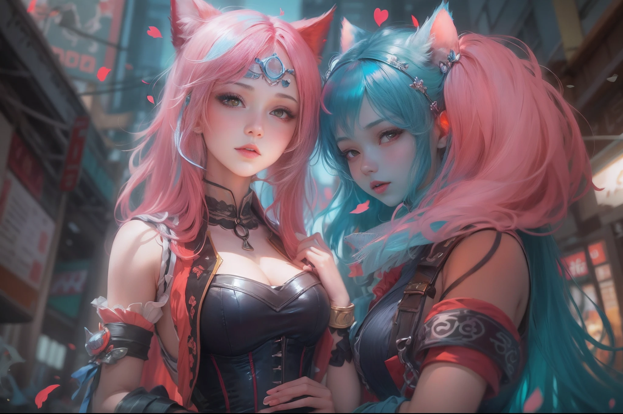 anime - imagem estilo de duas mulheres com cabelo rosa e azul vestidas com espartilho vermelho e azul, posando em Akihabara para uma foto fotografada, Capturado a partir da visão do verme à distância, WLOP e Sakimichan, Garota gato atraente, artwork in the style of Guweiz, Estilo de arte de fantasia, 2. arte de fantasia de anime 5 d cgi, fanart melhor estação de arte, por Yang J, tendências no cgstation, WLOP e Ross Tran, Guweiz