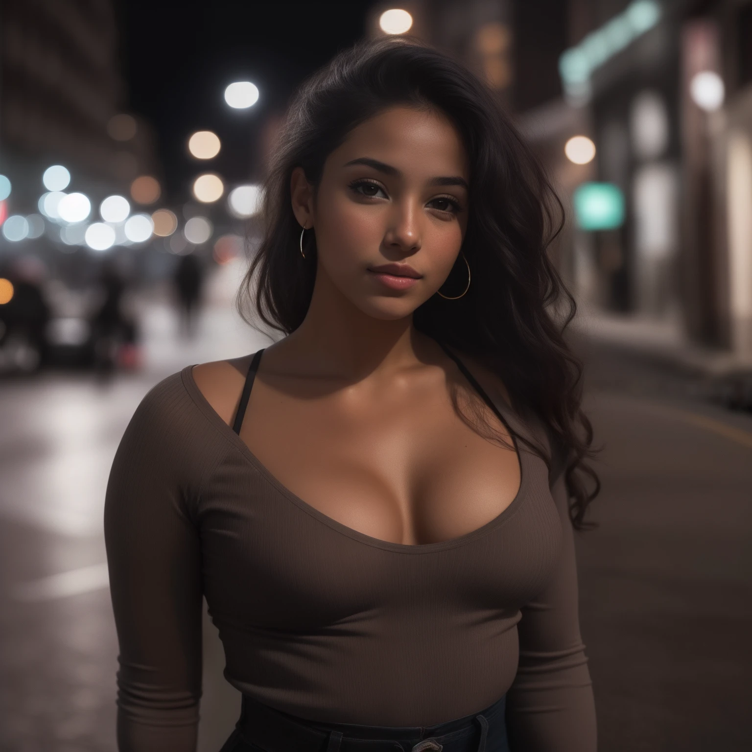 自信を醸し出す夜の街の通りでタイトな服を着た20歳のラティーナ女性の画像を作成します 画像は8k Uhd解像度である必要があります 富士フイルムxt3カメラで撮影した女性の中間写真付き 