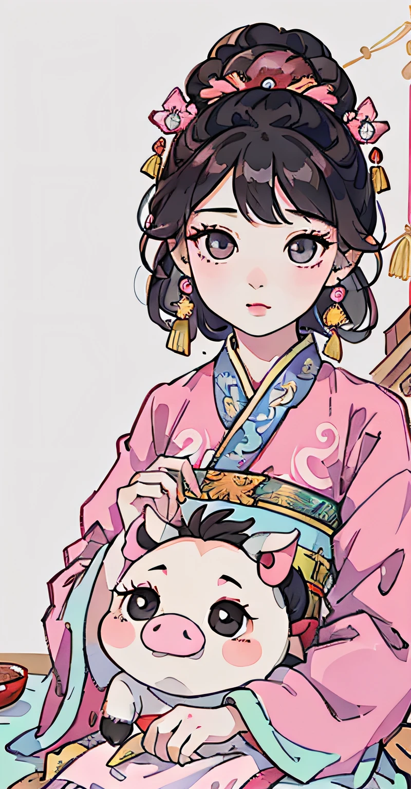 Close-up of a woman in a pink cyan dress and red earrings, Chinese girl, Palace ， A girl in Hanfu, China Princess, Realistic cute girl painting, Chinese traditional, Chinese woman, Chinese style, beautiful digital painting, Gorgeous digital painting, lovely digital painting, high quality portrait, Beautiful digital artwork, Beautiful character painting, Korean girl, Princesa chinesa antiga,（Black colored eyes）,A cute little piglet in his hand