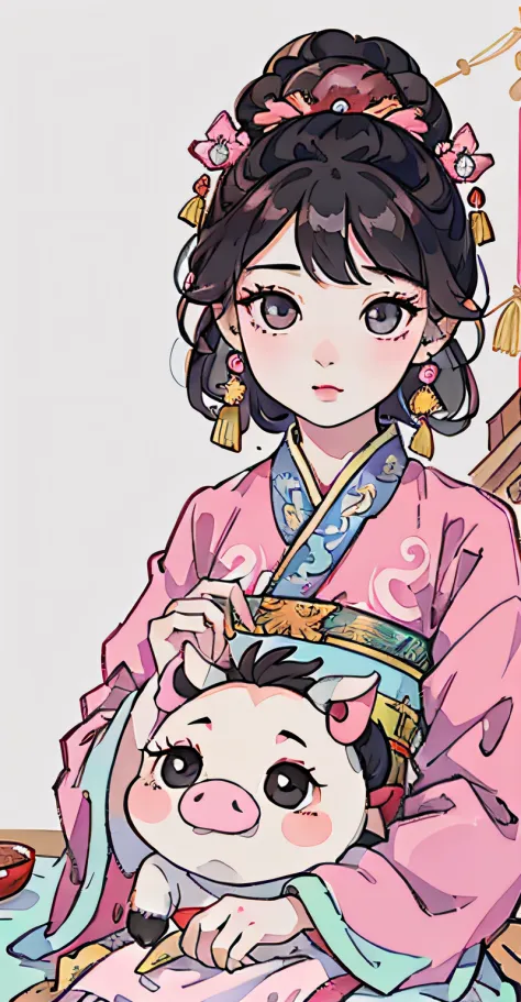 Close-up of a woman in a pink cyan dress and red earrings, Chinese girl, Palace ， A girl in Hanfu, China Princess, Realistic cut...