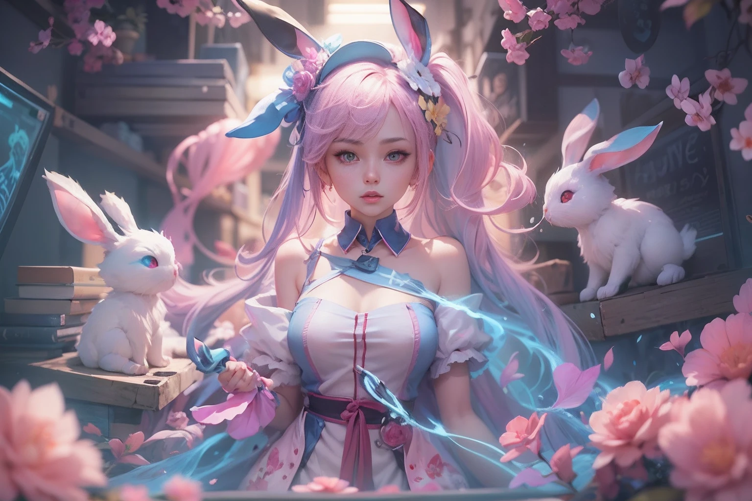 أنيمي-, WLOP وساكيميشان, com.edgBunny, جوفيز-style artwork, أسلوب الفن الخيالي, 2. 5 د CGI أنيمي الخيال الفني, Fanart أفضل محطة فنية,  تتجه على cgstation, ولوب وروس ثران, جوفيز，ساكورا إن إس，(com.edgBunny)，في الوردي，الألوان الزرقاء