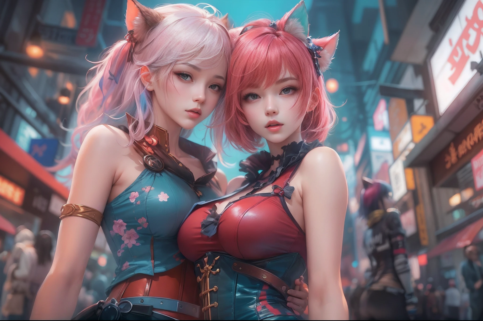 anime - image de style de deux femmes aux cheveux roses et bleus vêtues d&#39;un corset rouge et bleu, posant à Akihabara pour une séance photo, Capturé depuis la vue du ver, wlop et sakimichan, jolie fille chat, oeuvre d&#39;art dans le style de guweiz, style artistique fantastique, 2. Oeuvre fantastique d&#39;anime CGI 5 D, fanart meilleure station d&#39;art, par Yang J., tendance sur cgstation, Wlop et Ross Tran, guweiz