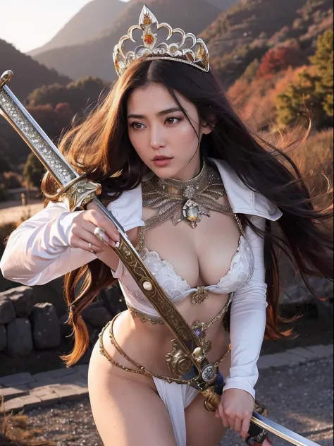Professional , ​masterpiece、top-quality、photos realistic , depth of fields （Gemstone Silver Metal Body:1.９),(Matte Silver、Jewel Gold Weapon、（Gorgeous castle background）、Holding the Sword of Heroes、（Jewel White Metal Body:1.４),（（Gorgeous Jewel Metal Weapons...